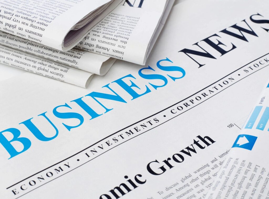 A closeup shot of business news paper with the colors blue and black